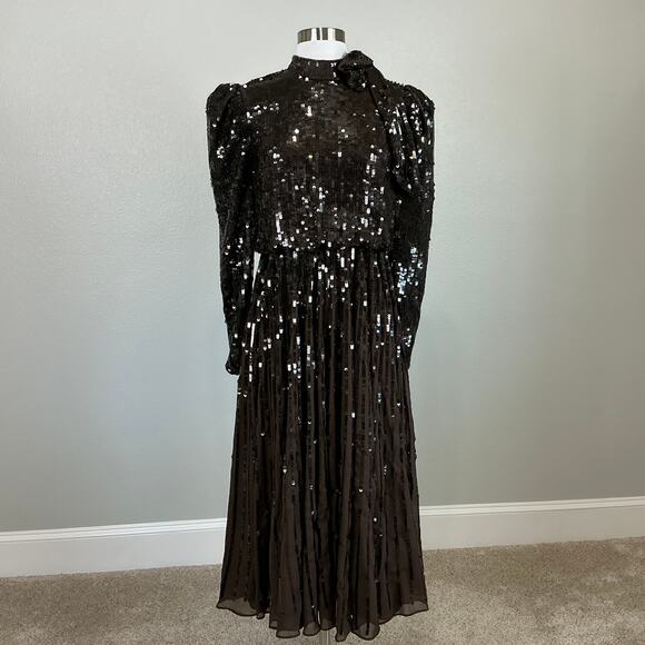 Mac Duggal Sequined Long Sleeve A-Line Midi Cocktail Dress Brown Size 2 - Picture 2 of 12